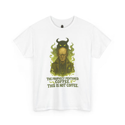 Prophecy Mentioned Coffee Illustration Tee | Funny Demon Barista Shirt