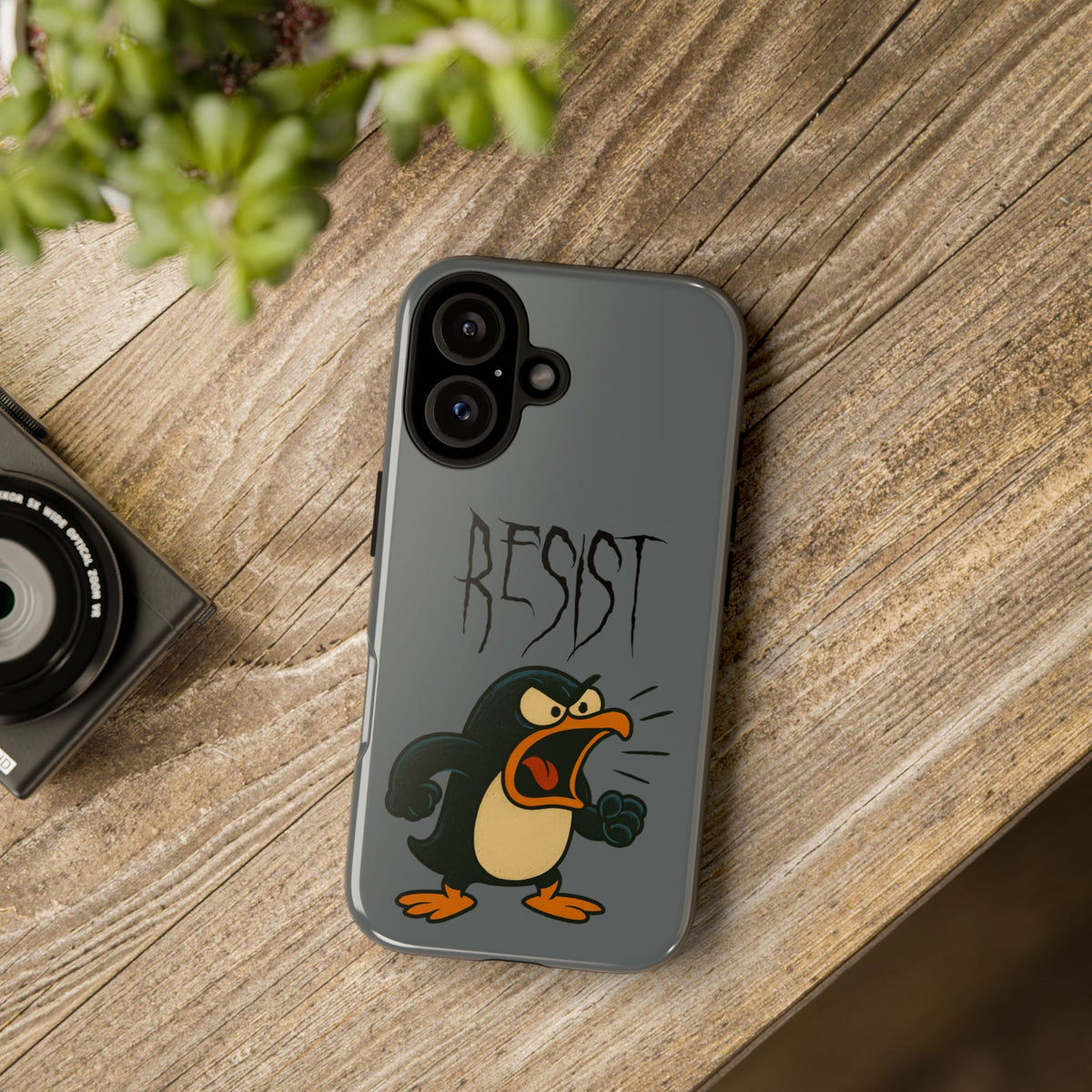 Resist Angry Penguin Phone Case — Protective iPhone Case with Bold Cartoon Design