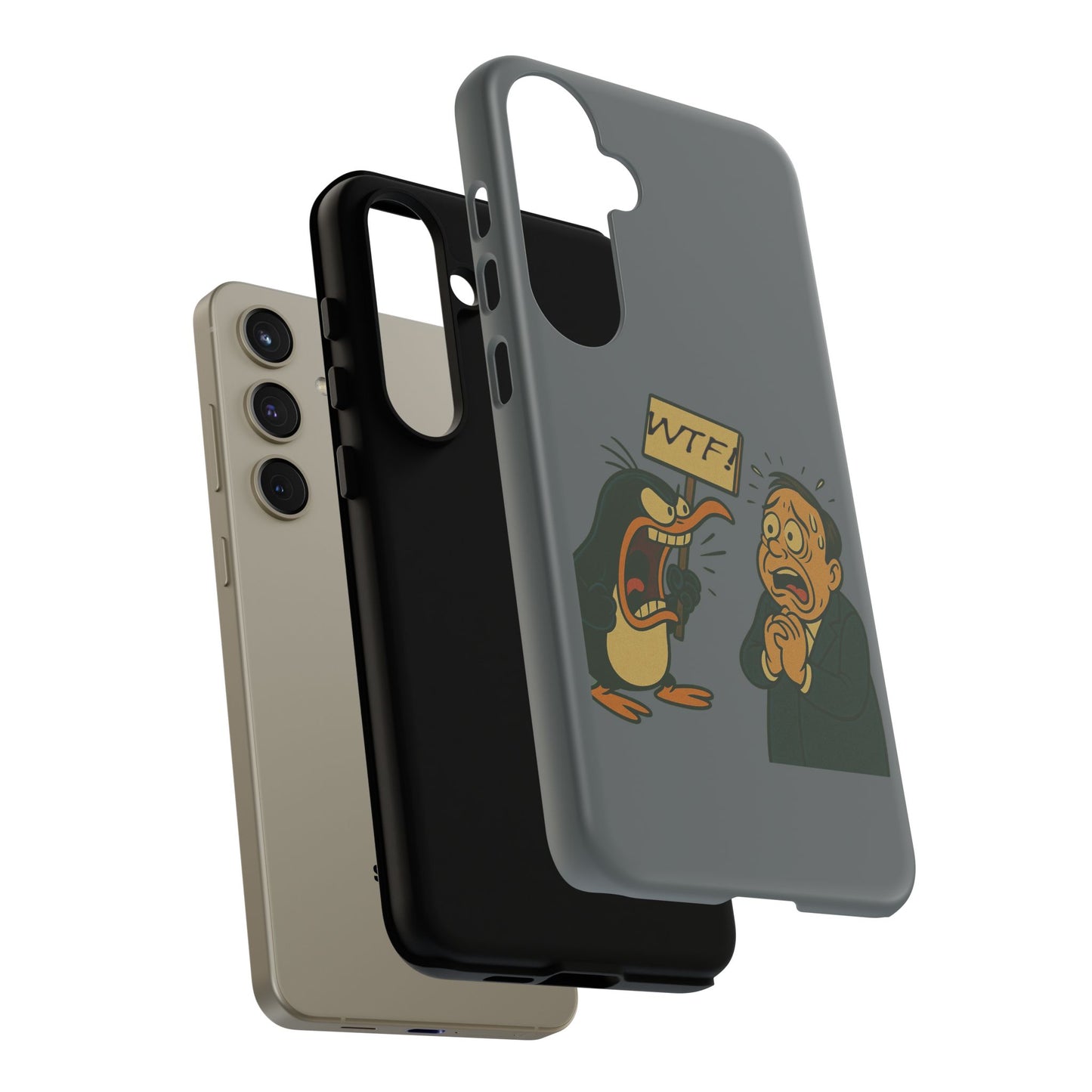 Phone Case - Cartoon Penguin Yelling 'WTF' at Shocked Man, Funny Protective iPhone Cover