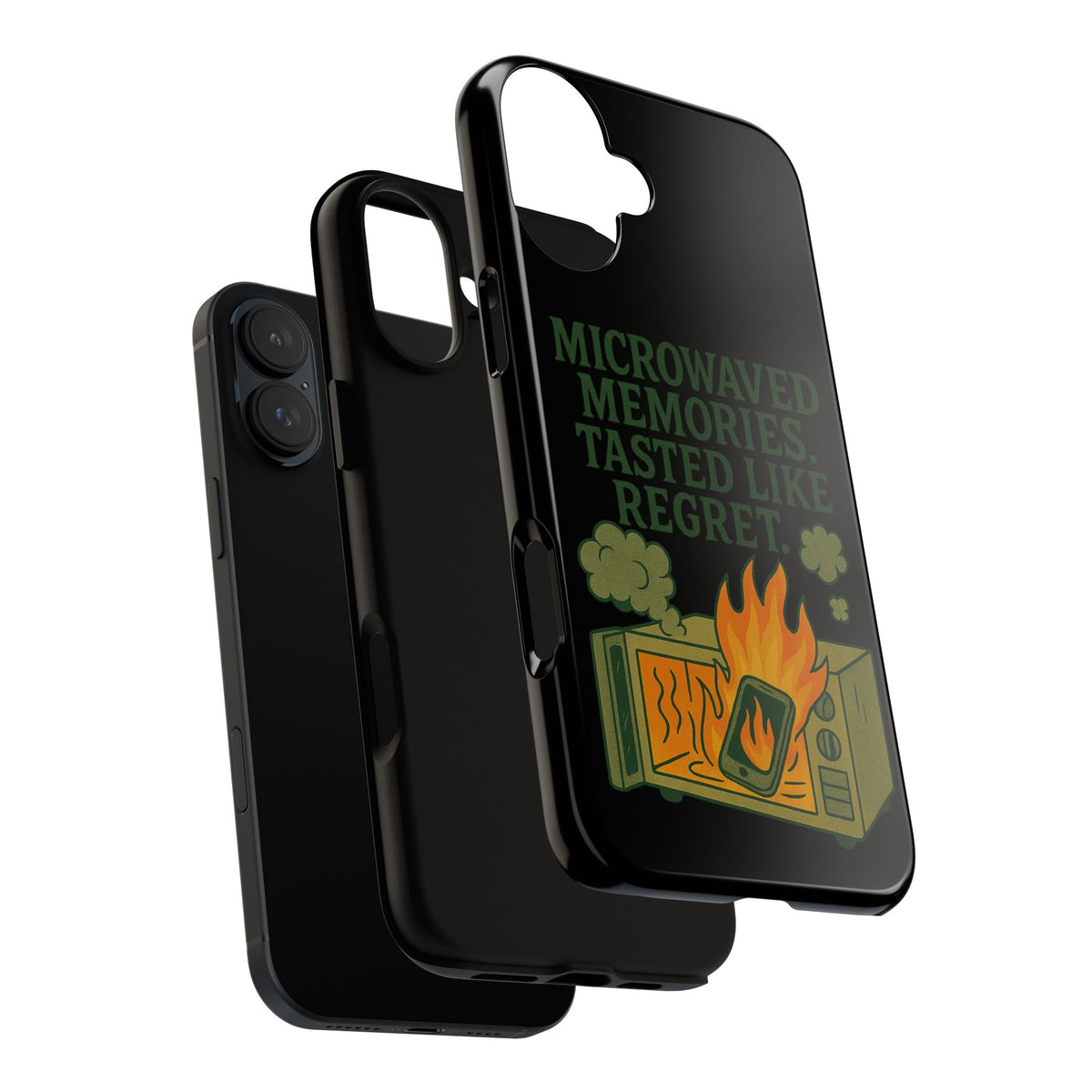 Microwaved Memories Phone Case — 'Microwaved Memories. Tasted Like Regret.' Retro Fire Design