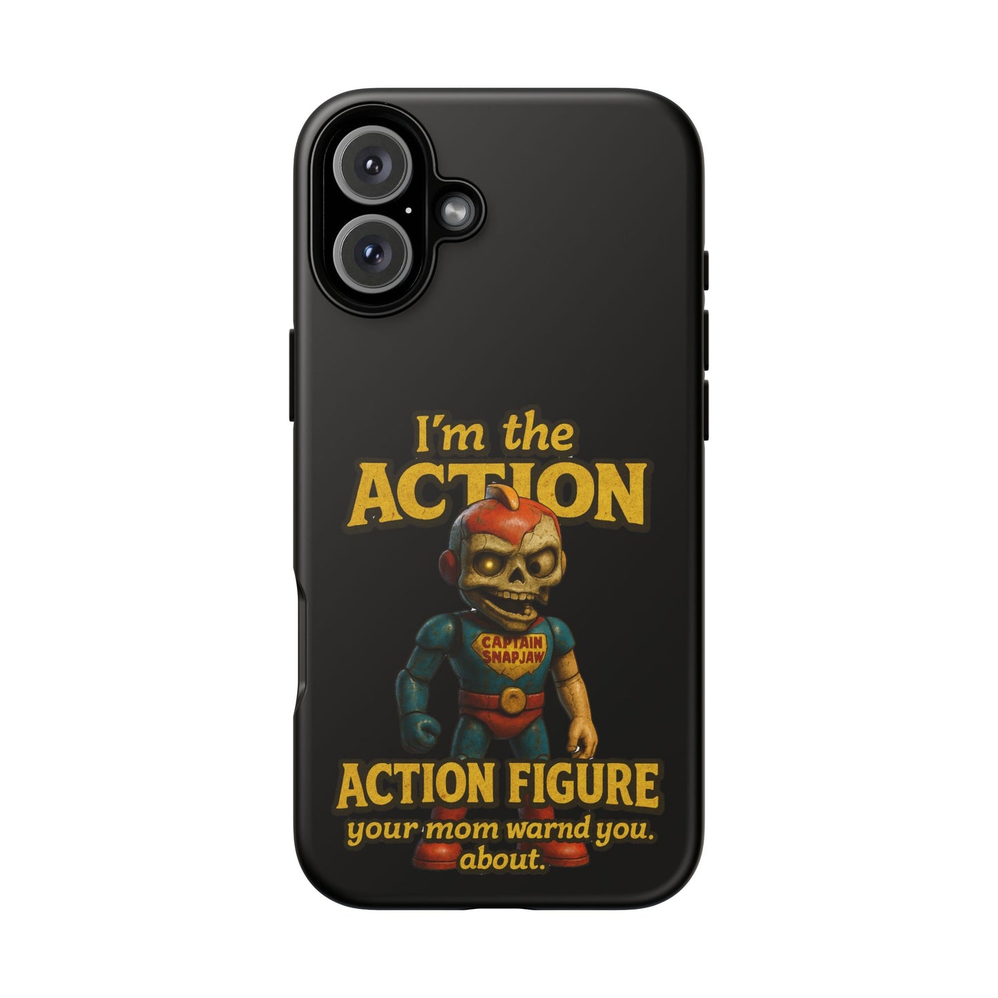 Action Figure Phone Case — "I'm the Action" Retro Skull Toy Design