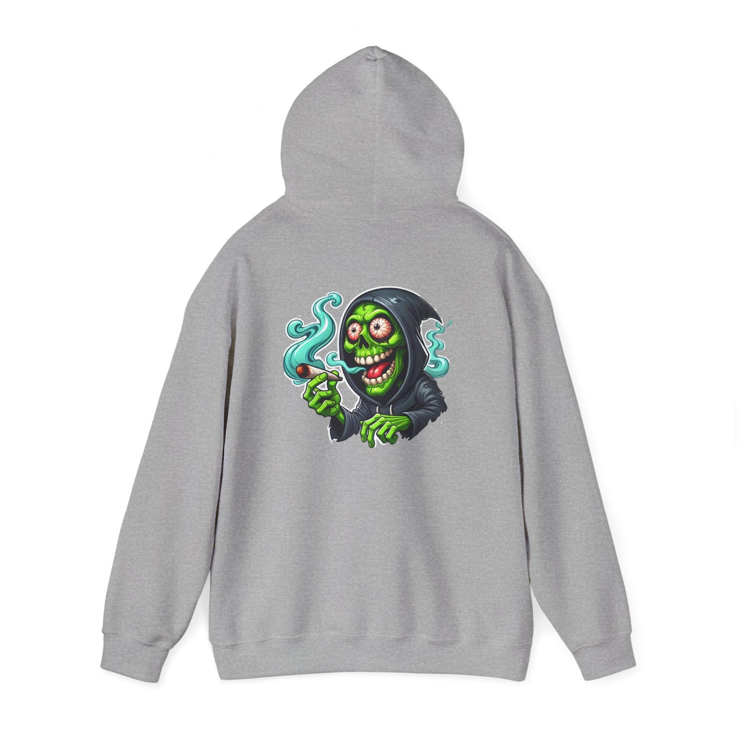 Grinning Reaper Hooded Sweatshirt – Spooky Green Skull Smoking Hoodie