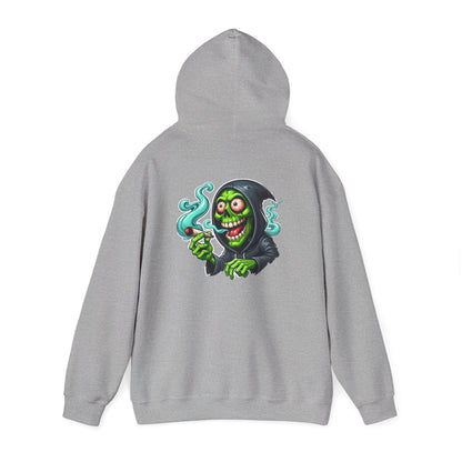 Grinning Reaper Hooded Sweatshirt – Spooky Green Skull Smoking Hoodie