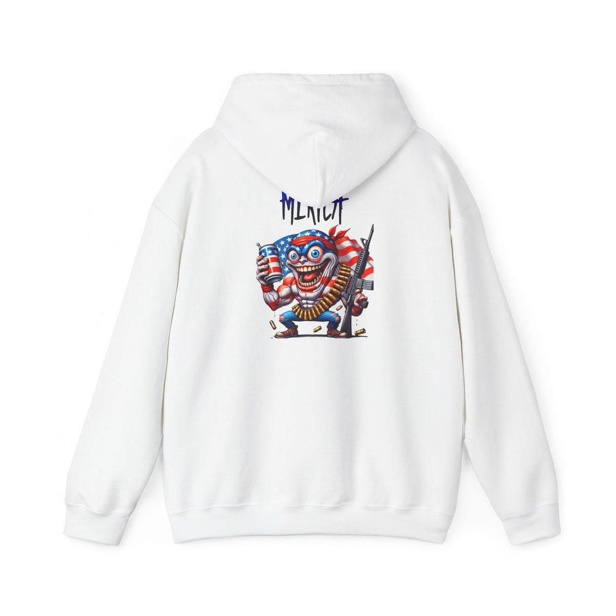 Patriotic Retro Hoodie — American Flag Skull Character Back Graphic