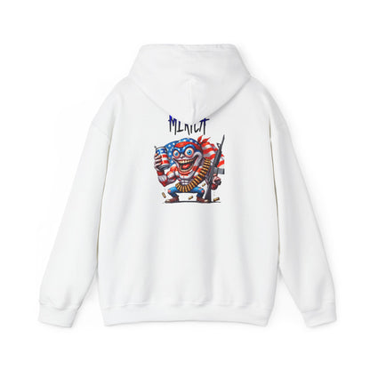 Patriotic Retro Hoodie — American Flag Skull Character Back Graphic