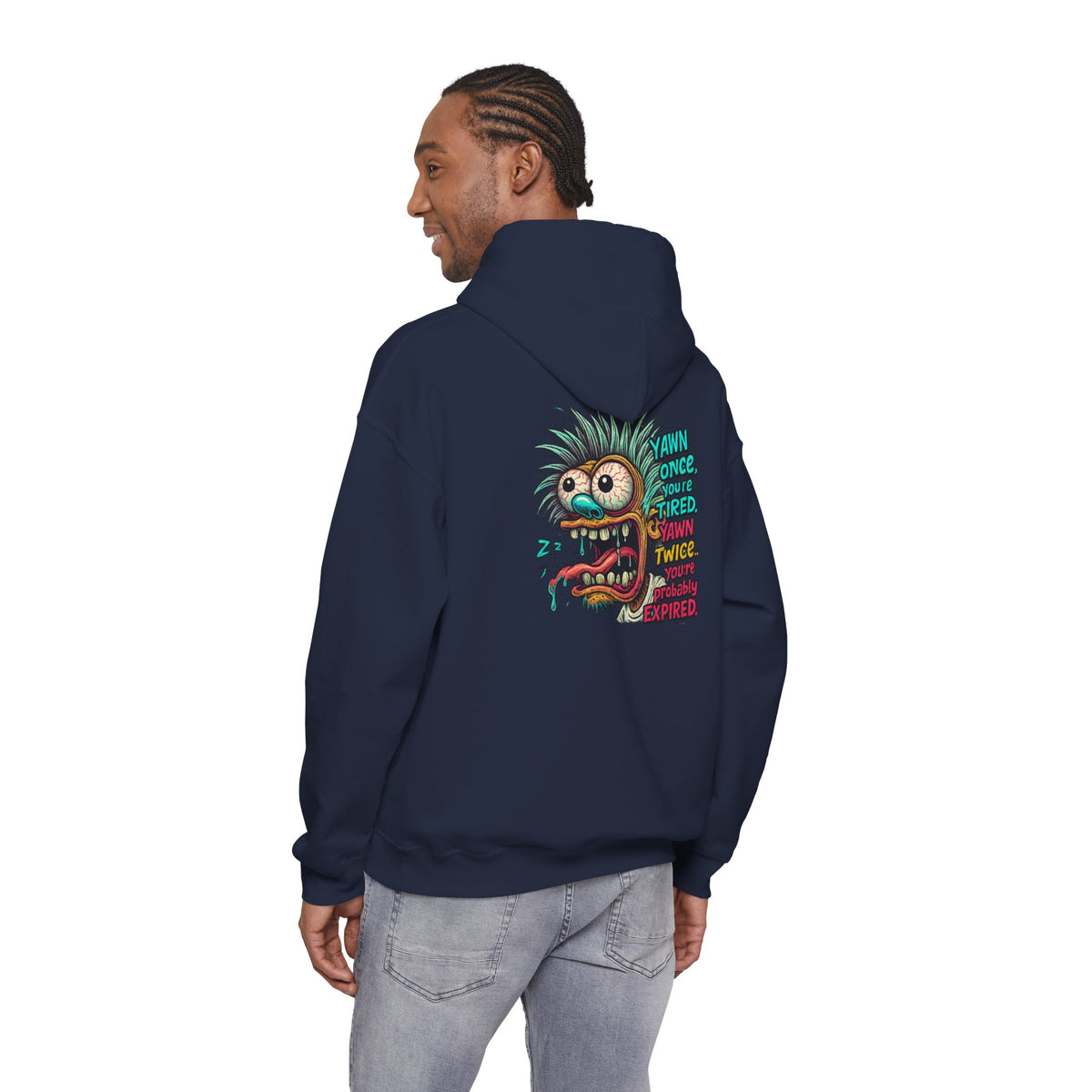 Skater Monster Graphic Hoodie — “Yawn Once, Yawn Twice, Never Appear” Retro Skate Pullover