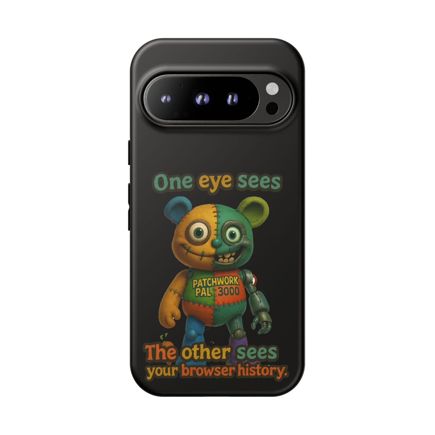 Phone Case — 'One Eye Sees, The Other Sees Your Browser History' Patchwork Bear Design