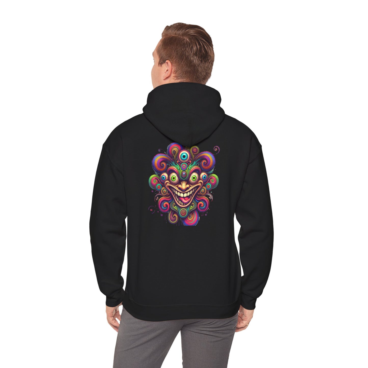 Psychedelic Smiling Jester Hoodie – Colorful Trippy Festival Sweatshirt