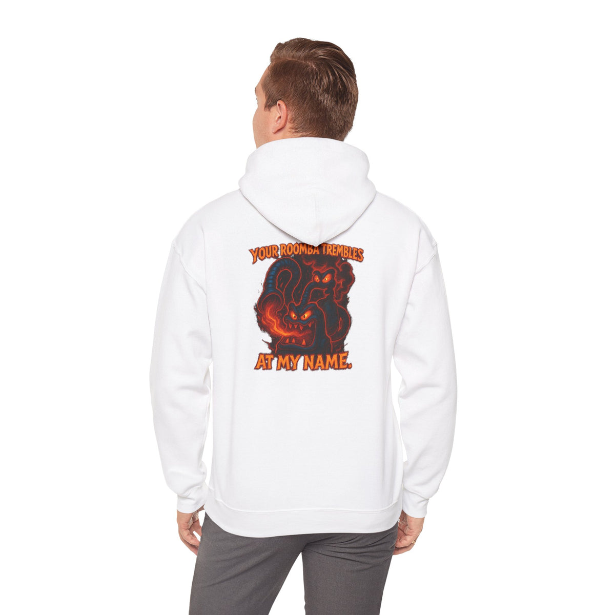 Hoodie — Fiery Demon Skull 'Your Roomba Trembls At My Name' Graphic Back Print
