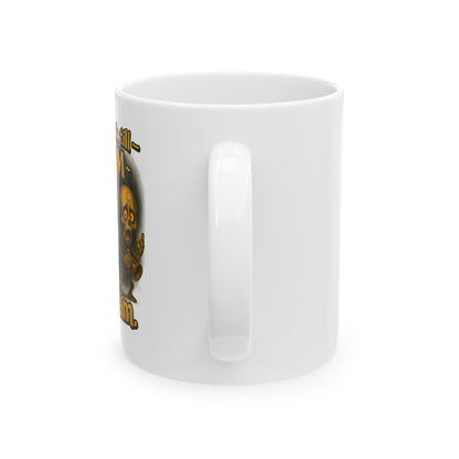Skull & Crossbones Ceramic Mug — 'From Dusk Till Doom We Jam' Bold Coffee Cup