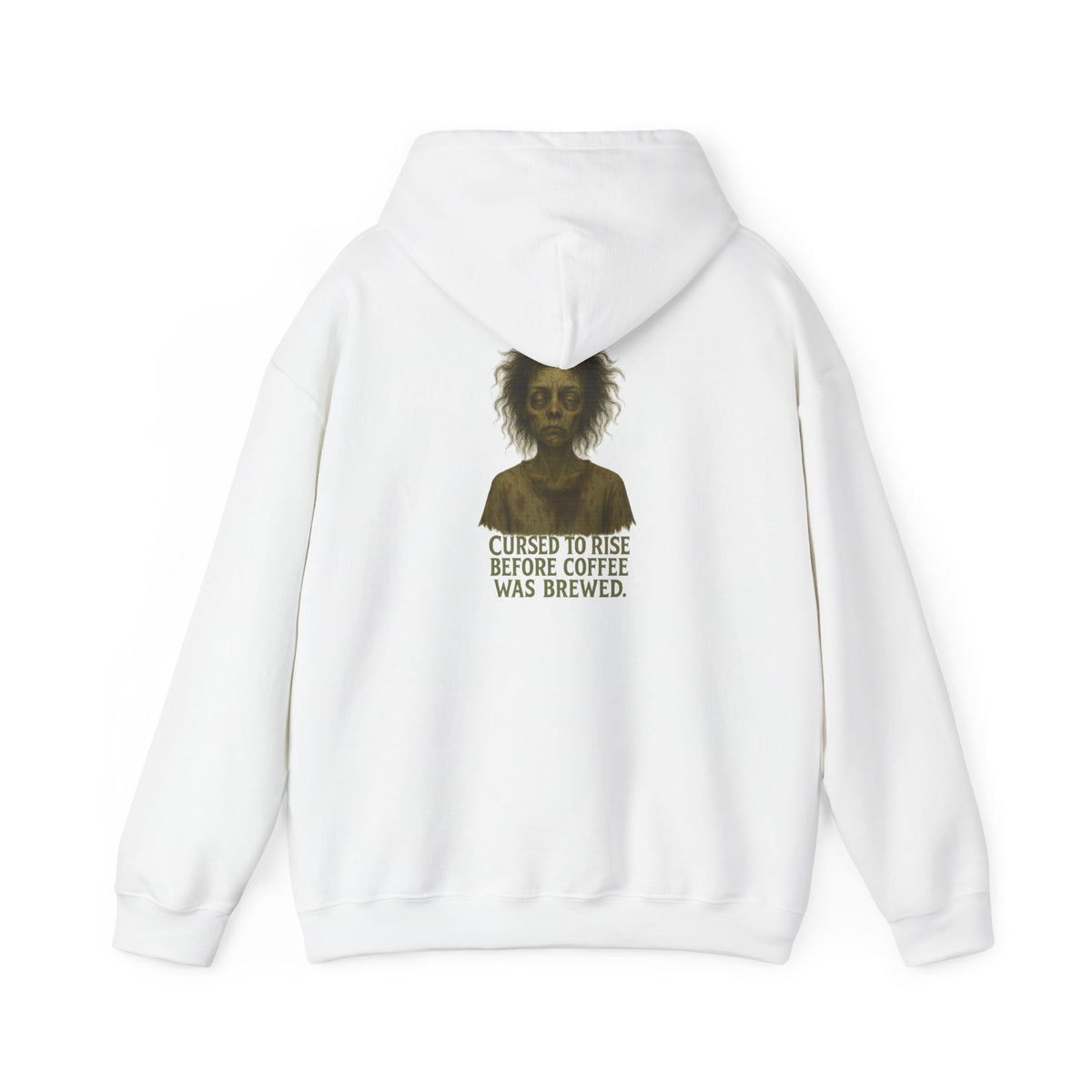 Hoodie — "Cursed to Rise Before Coffee Was Brewed" Haunted Morning Graphic