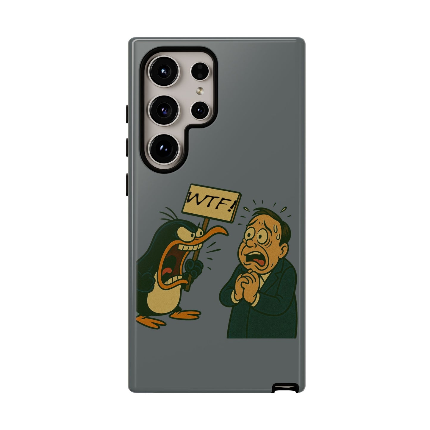 Phone Case - Cartoon Penguin Yelling 'WTF' at Shocked Man, Funny Protective iPhone Cover