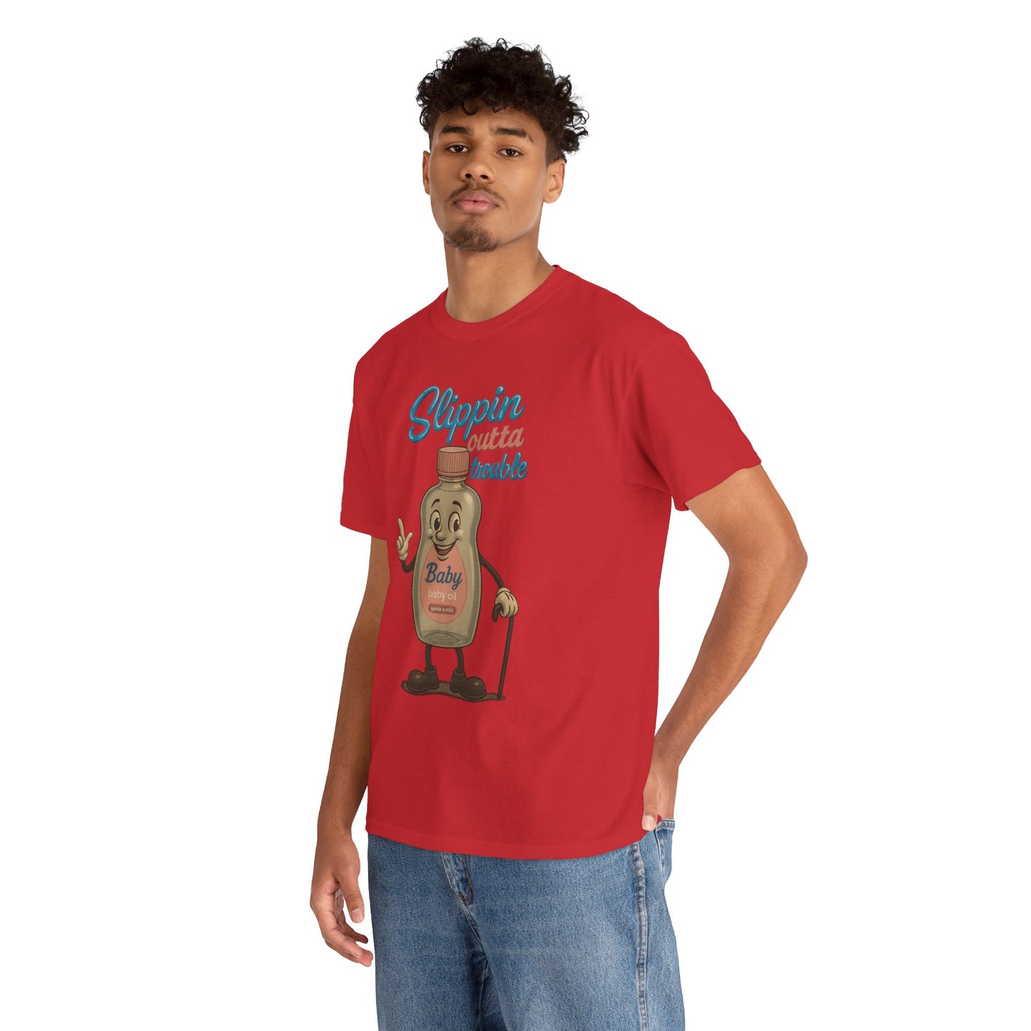 Slippin' Outta Trouble – Funny Baby Oil Cartoon T-Shirt