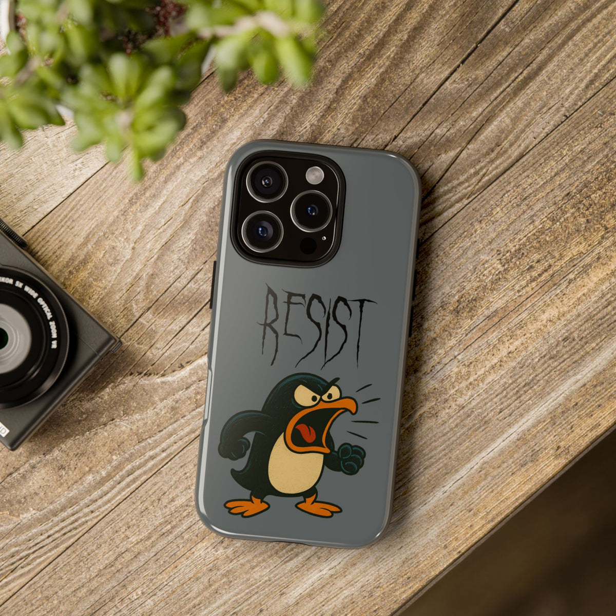 Resist Angry Penguin Phone Case — Protective iPhone Case with Bold Cartoon Design