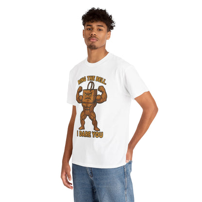 Kettlebell Mascot Tee — "Ring the Bell, I Dare You" Gym T-Shirt