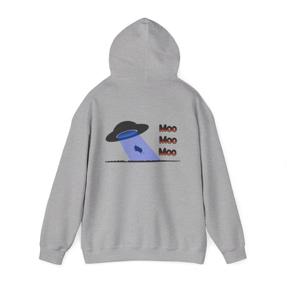 UFO Cow Abduction Hoodie - 'Moo Moo Moo' Graphic Hooded Sweatshirt