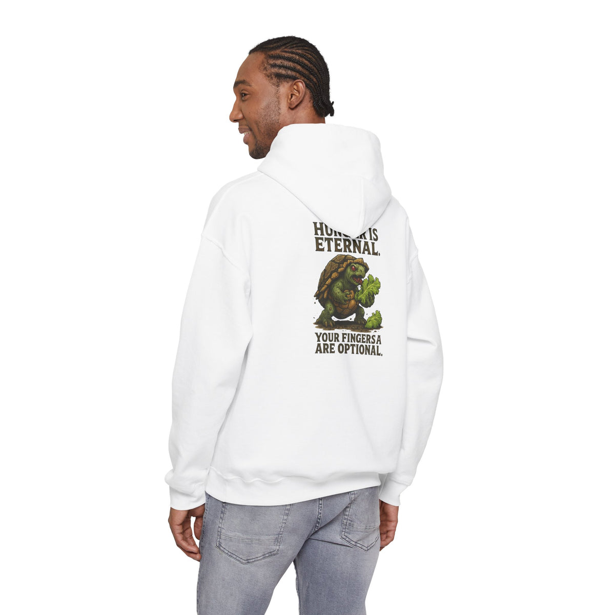 Hoodie — 'Hunger Is Eternal, Your Fingers Are Optional' Turtle Back-Print Hoodie