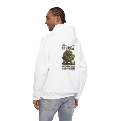 Hoodie — 'Hunger Is Eternal, Your Fingers Are Optional' Turtle Back-Print Hoodie