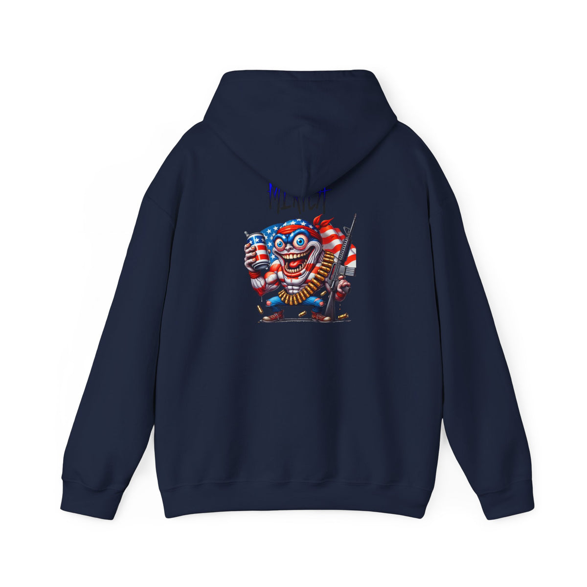 Patriotic Retro Hoodie — American Flag Skull Character Back Graphic