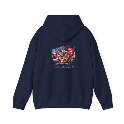 Patriotic Retro Hoodie — American Flag Skull Character Back Graphic