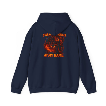 Hoodie — Fiery Demon Skull 'Your Roomba Trembls At My Name' Graphic Back Print
