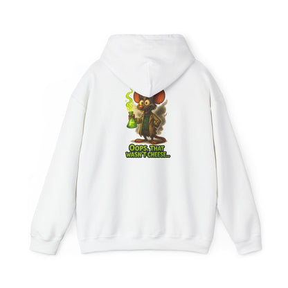 Chemistry Mouse Hoodie — "Oops, That Wasn't Cheese" Cute Scientist Graphic