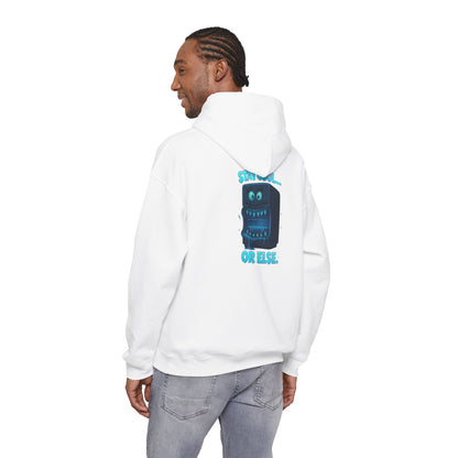 Retro Fridge Cabinet Hoodie — 'Stay in Line or Else' Graphic Pullover