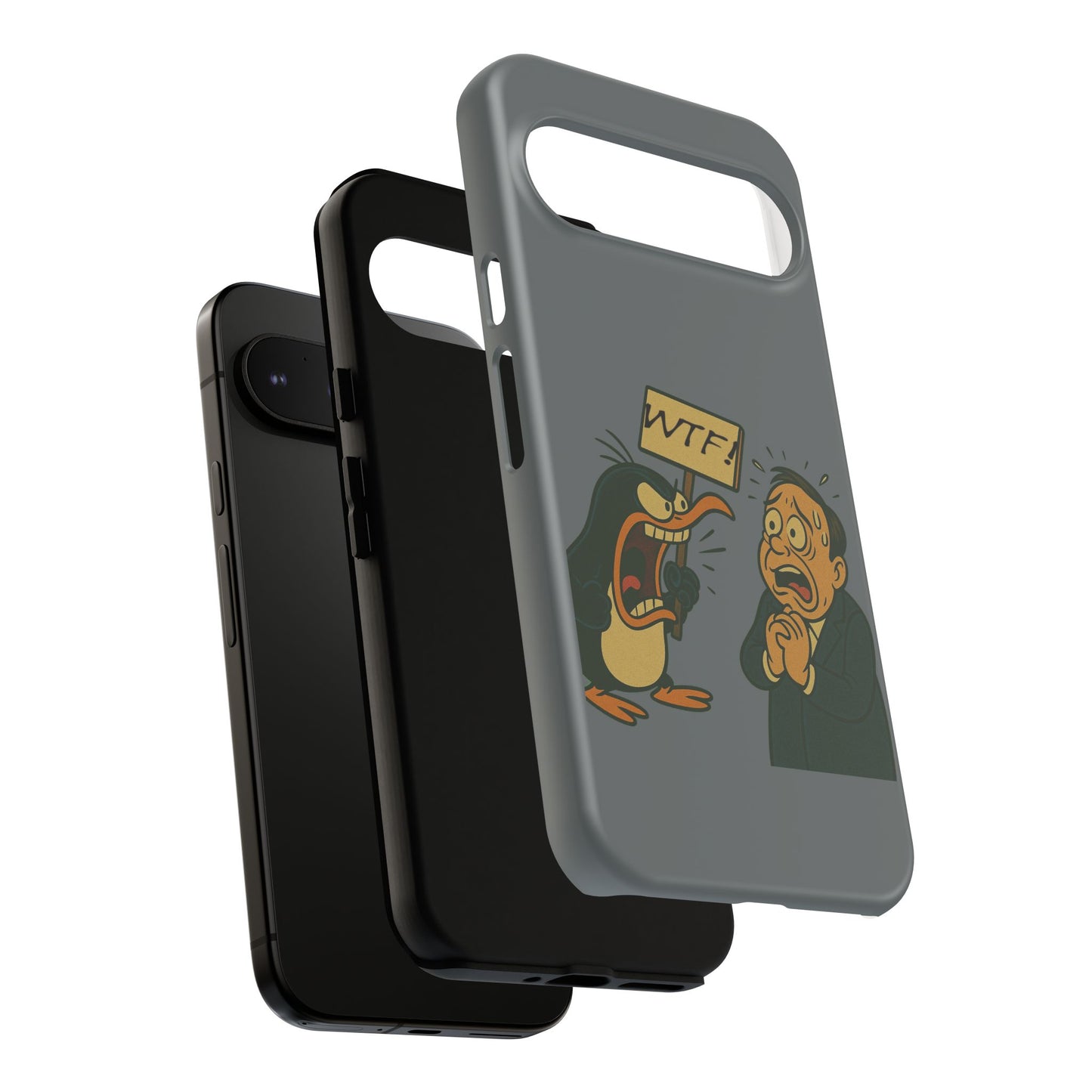 Phone Case - Cartoon Penguin Yelling 'WTF' at Shocked Man, Funny Protective iPhone Cover