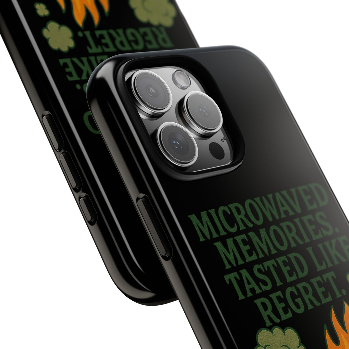 Microwaved Memories Phone Case — 'Microwaved Memories. Tasted Like Regret.' Retro Fire Design
