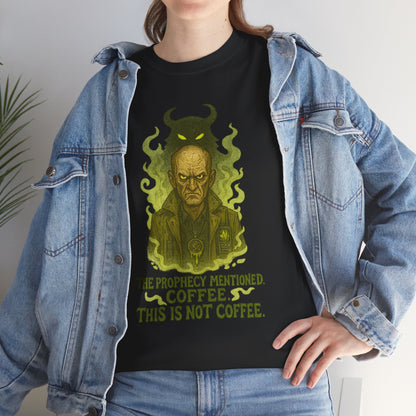 Prophecy Mentioned Coffee Illustration Tee | Funny Demon Barista Shirt