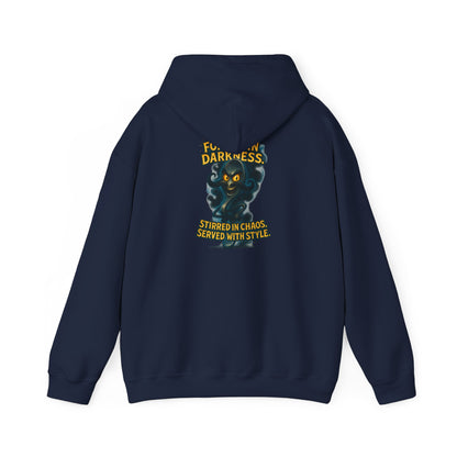Darkness Stirred Hoodie — Vintage Cat Illustration "Poured in Darkness, Stirred in Chaos, Served with Style"
