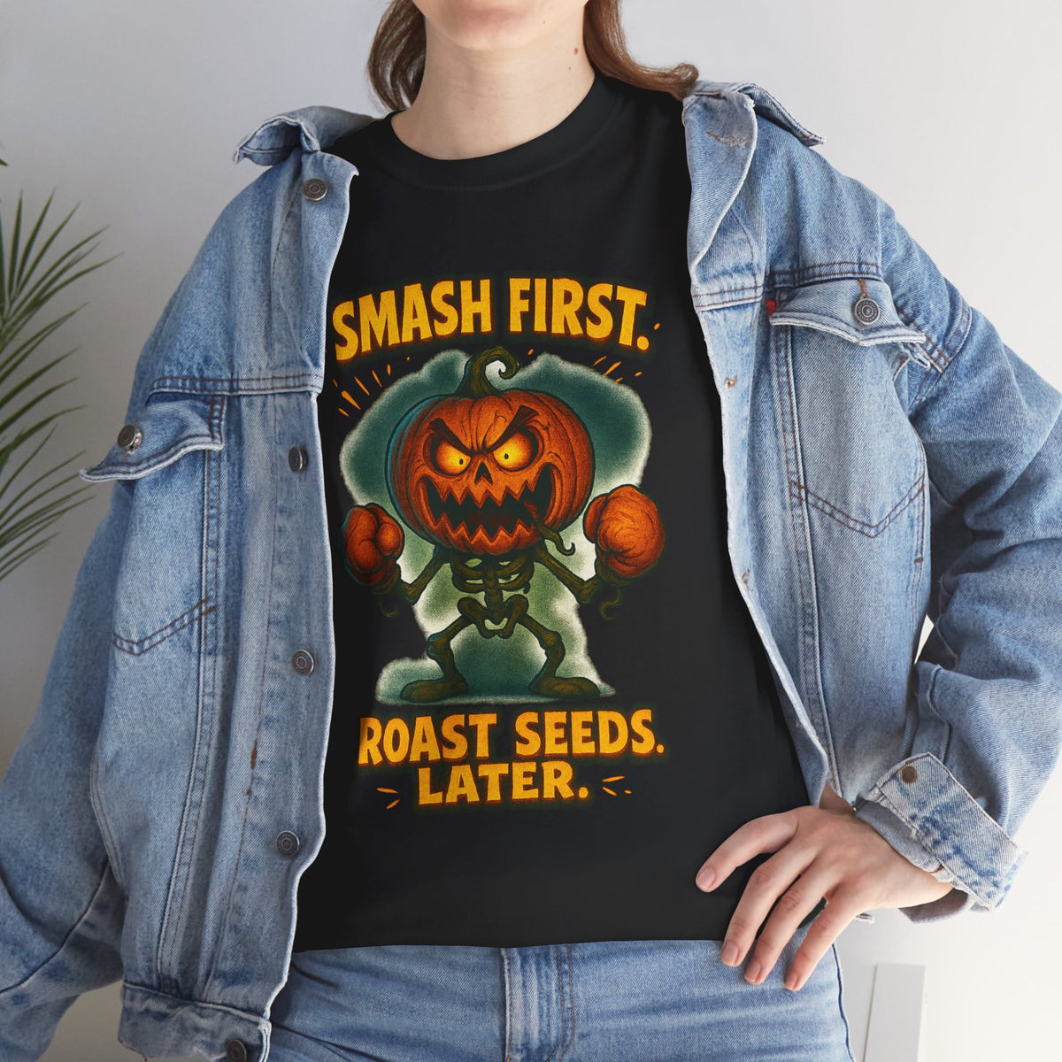 Smash First Pumpkin Boxer illustration T-Shirt | Halloween pumpkin design