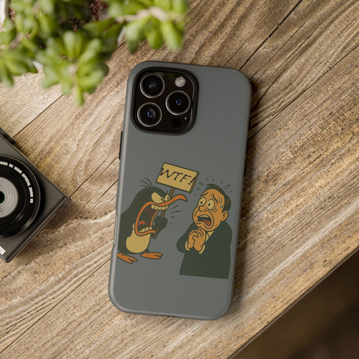 Phone Case - Cartoon Penguin Yelling 'WTF' at Shocked Man, Funny Protective iPhone Cover