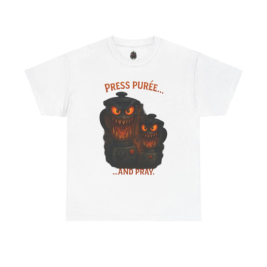 Halloween Pumpkin Tee - "Press Purée... and Pray" Spooky Jack-O'-Lantern T-Shirt