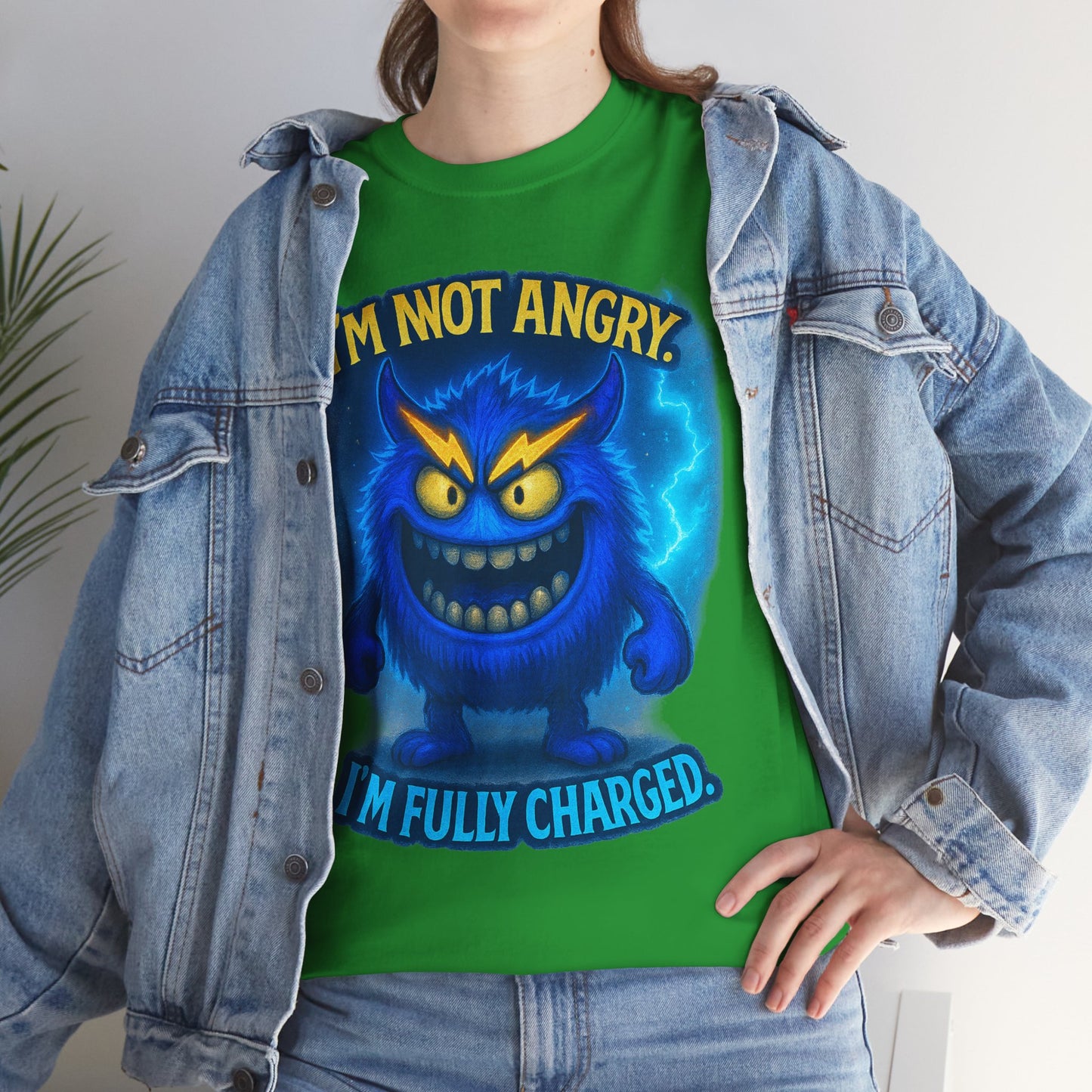 I'm Not Angry I'm Fully Charged Tee, Blue Lightning Monster Graphic
