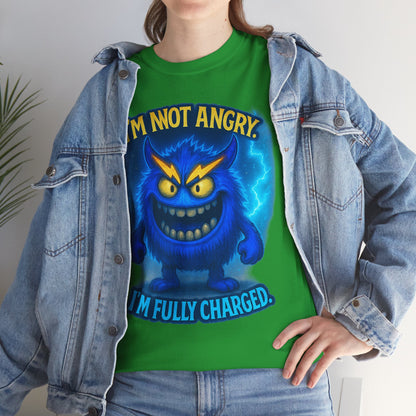 I'm Not Angry I'm Fully Charged Tee, Blue Lightning Monster Graphic