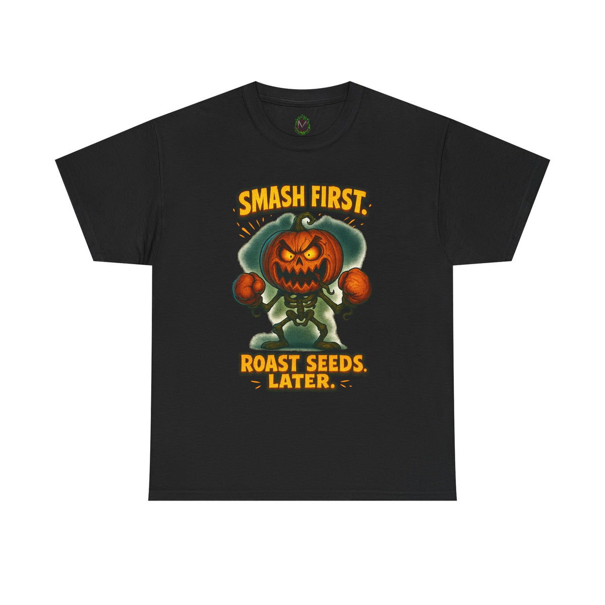 Smash First Pumpkin Boxer illustration T-Shirt | Halloween pumpkin design