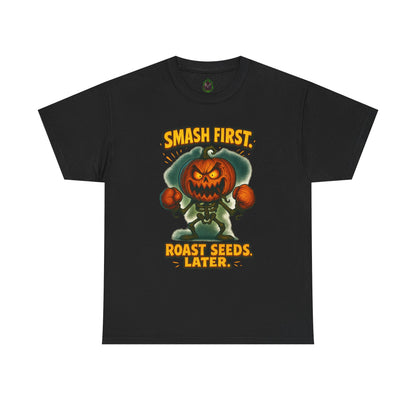 Smash First Pumpkin Boxer illustration T-Shirt | Halloween pumpkin design