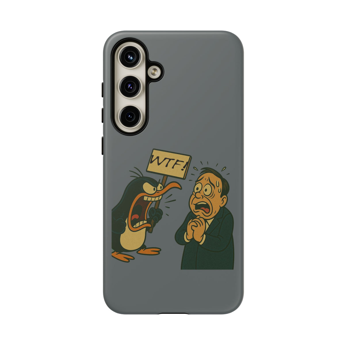 Phone Case - Cartoon Penguin Yelling 'WTF' at Shocked Man, Funny Protective iPhone Cover