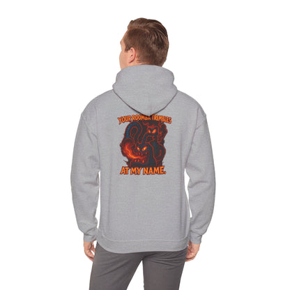 Hoodie — Fiery Demon Skull 'Your Roomba Trembls At My Name' Graphic Back Print