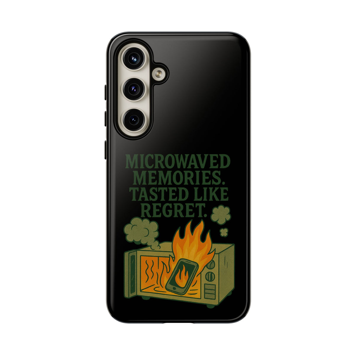 Microwaved Memories Phone Case — 'Microwaved Memories. Tasted Like Regret.' Retro Fire Design