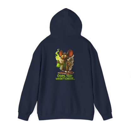 Chemistry Mouse Hoodie — "Oops, That Wasn't Cheese" Cute Scientist Graphic