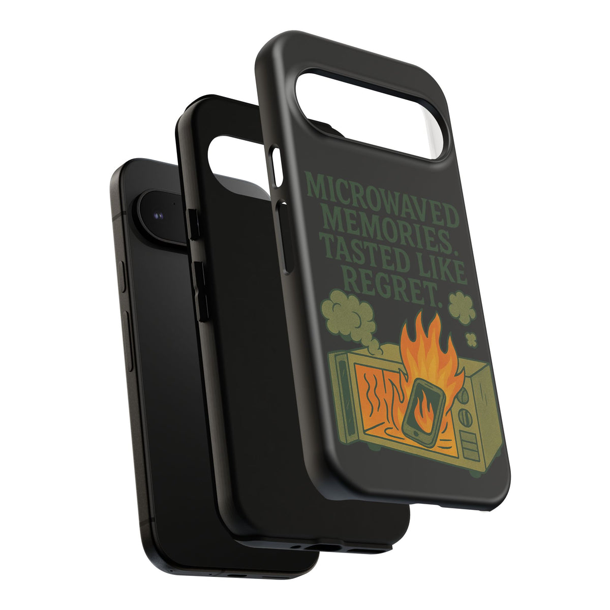 Microwaved Memories Phone Case — 'Microwaved Memories. Tasted Like Regret.' Retro Fire Design