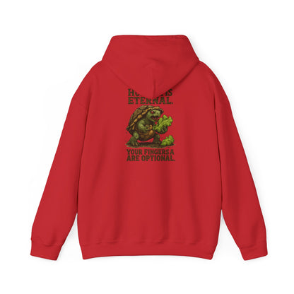 Hoodie — 'Hunger Is Eternal, Your Fingers Are Optional' Turtle Back-Print Hoodie