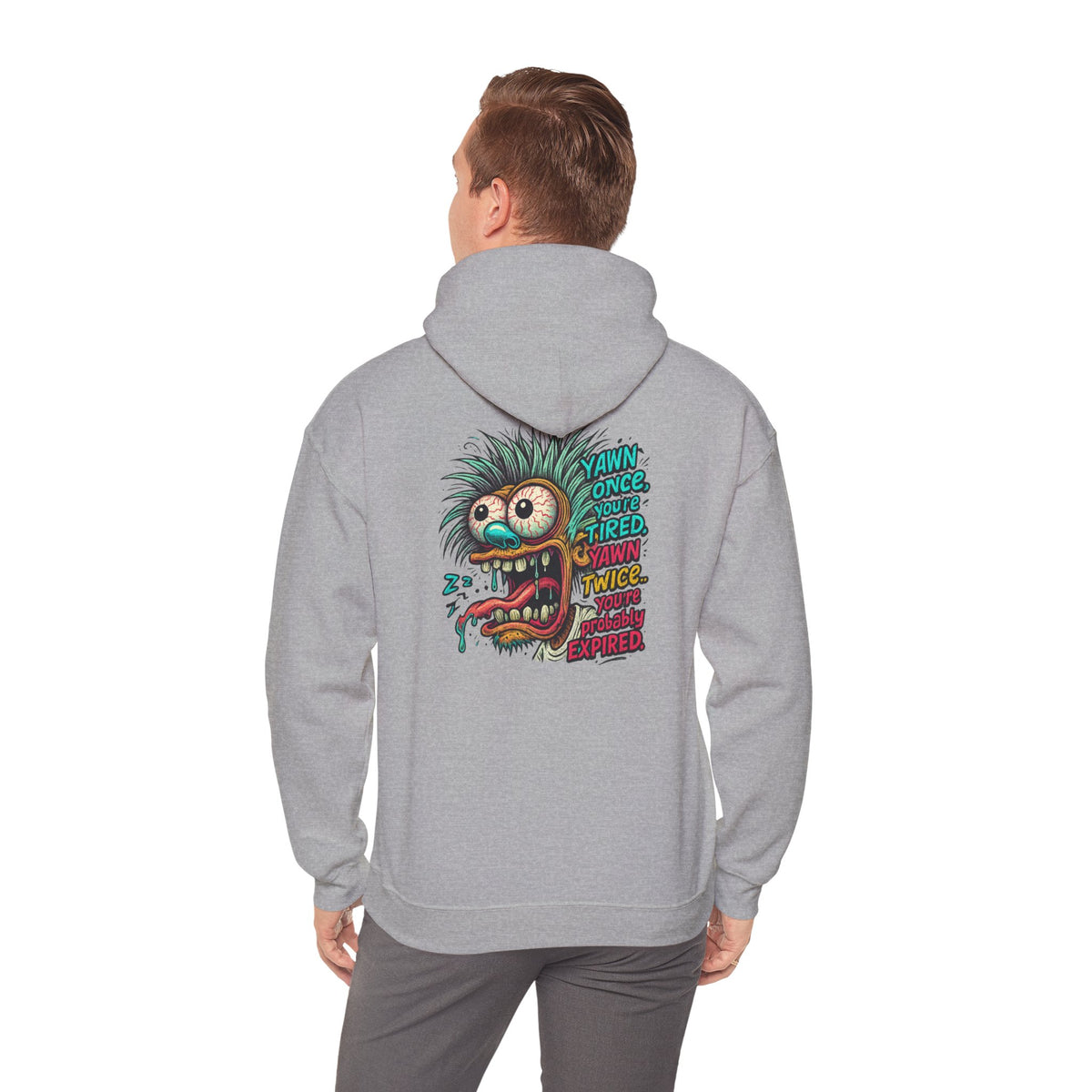 Skater Monster Graphic Hoodie — “Yawn Once, Yawn Twice, Never Appear” Retro Skate Pullover