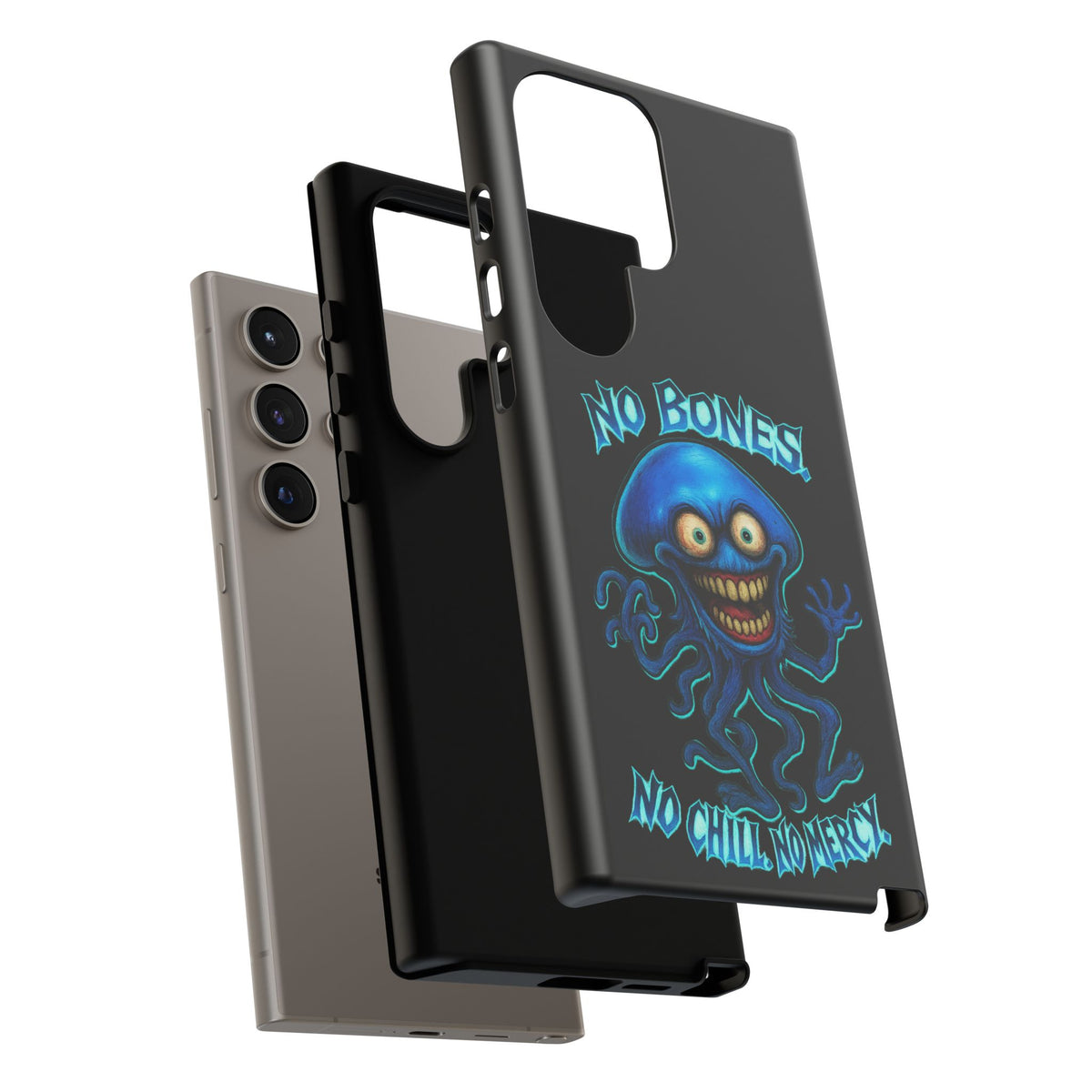 Phone Case — 'No Bones, No Chill, No Mercy' Blue Jellyfish Horror Design