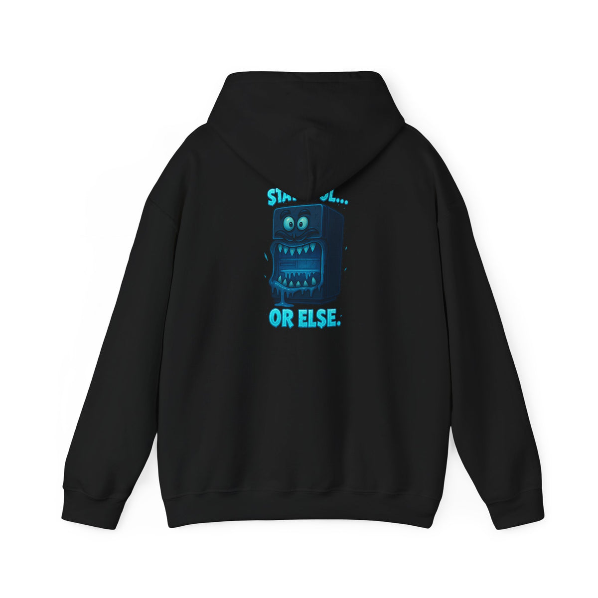 Retro Fridge Cabinet Hoodie — 'Stay in Line or Else' Graphic Pullover
