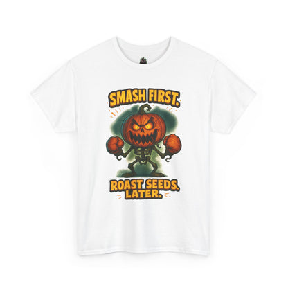 Smash First Pumpkin Boxer illustration T-Shirt | Halloween pumpkin design
