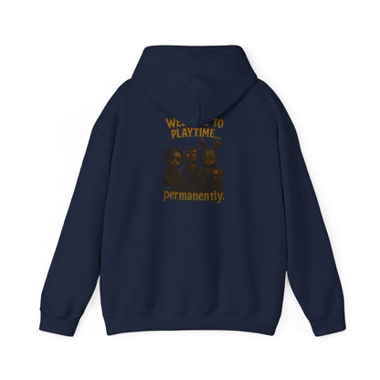 Hoodie — 'Welcome Playtime Permanently' Vintage Horror Character Back Graphic
