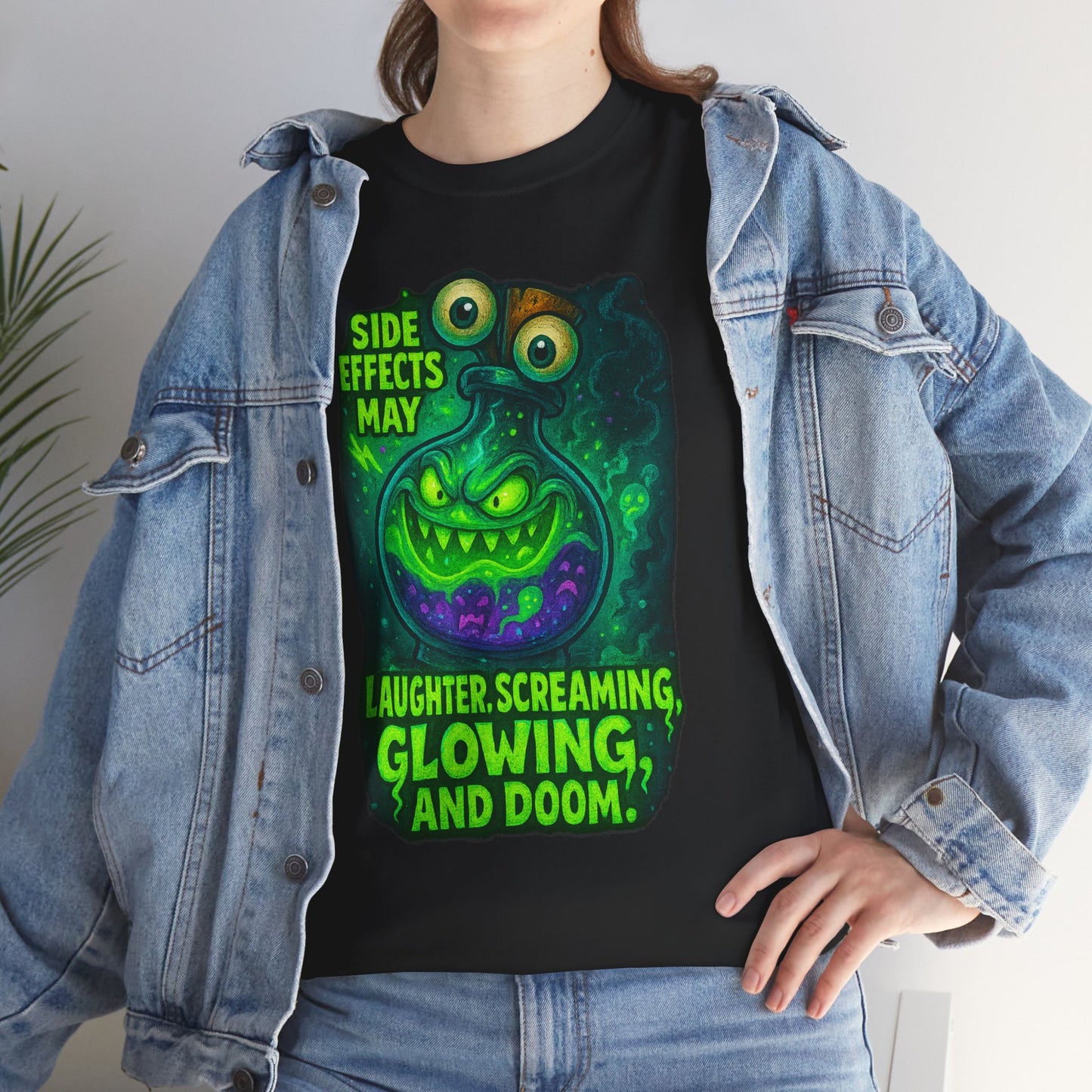 T-Shirt — "Side Effects May Include: Laughter, Screaming, Glowing, and Doom" Neon Monster Graphic